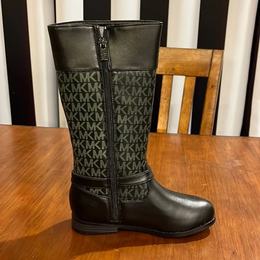 NWT Michael Kors Black MK Logo Tall Riding Boots with Gold Accent